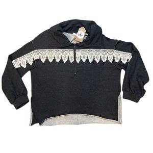 Women's Causal Gray White Loose Fitting Pull Over Sweater Lace Flowy Size Small‎